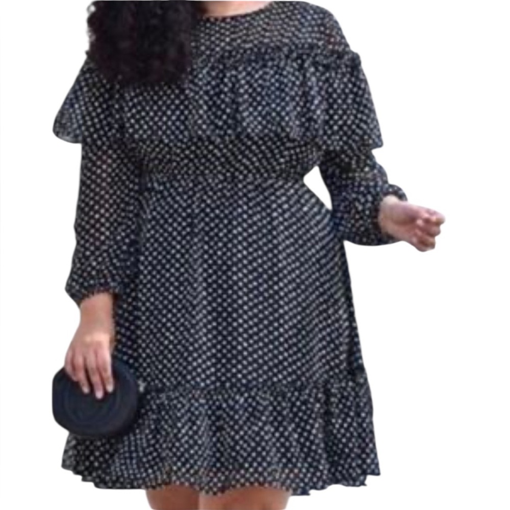 Lane Bryant Polka Dot Black White Ruffle Long Sleeve‎ Dress Womens 16